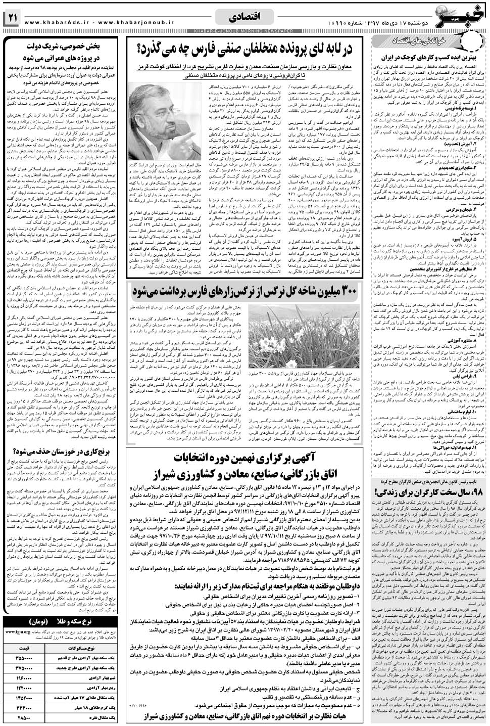 مشاهده صفحه ۲۱ روزنامه خبرجنوب تاریخ ۱۷ دی سال ۱۳۹۷