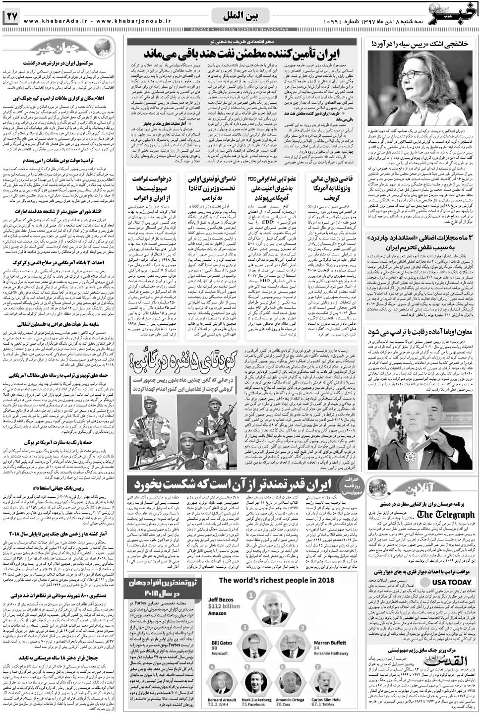 مشاهده صفحه ۲۷ روزنامه خبرجنوب تاریخ ۱۸ دی سال ۱۳۹۷