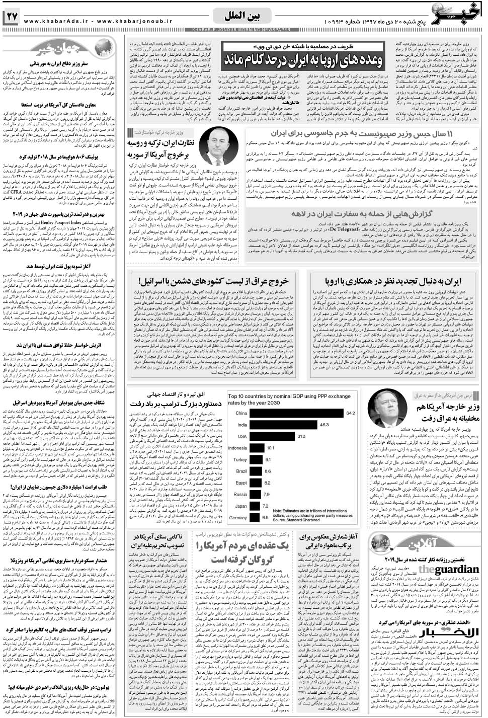 مشاهده صفحه ۲۷ روزنامه خبرجنوب تاریخ ۲۰ دی سال ۱۳۹۷