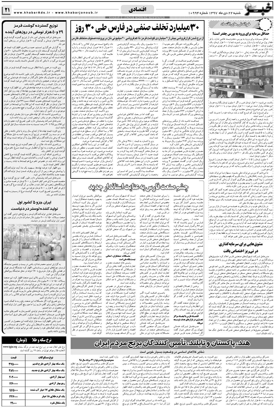 مشاهده صفحه ۲۱ روزنامه خبرجنوب تاریخ ۲۲ دی سال ۱۳۹۷