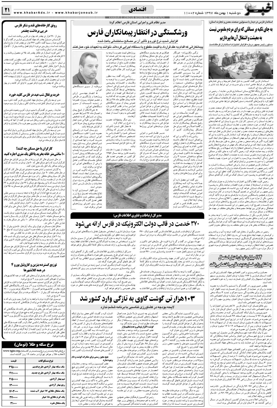 مشاهده صفحه ۲۱ روزنامه خبرجنوب تاریخ ۱ بهمن سال ۱۳۹۷