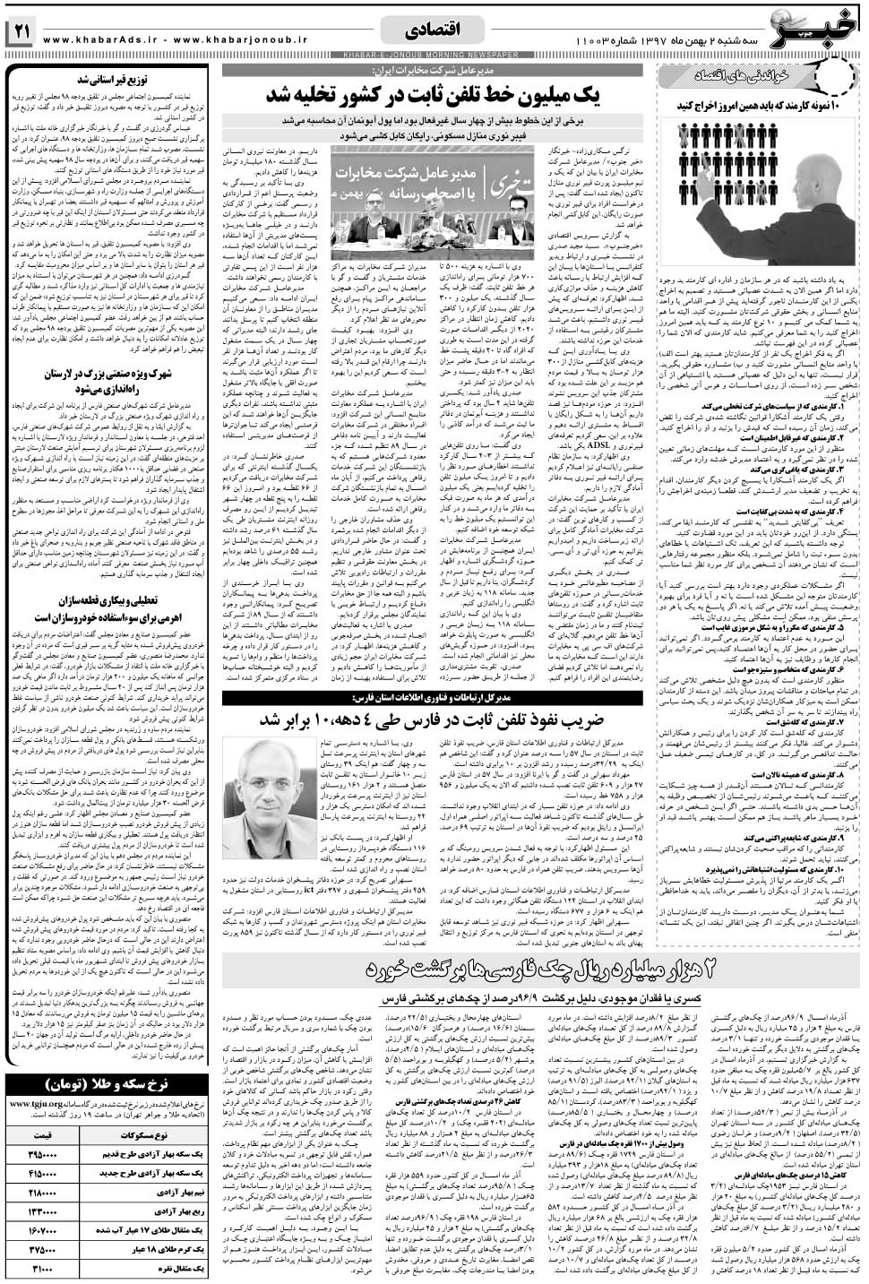 مشاهده صفحه ۲۱ روزنامه خبرجنوب تاریخ ۲ بهمن سال ۱۳۹۷