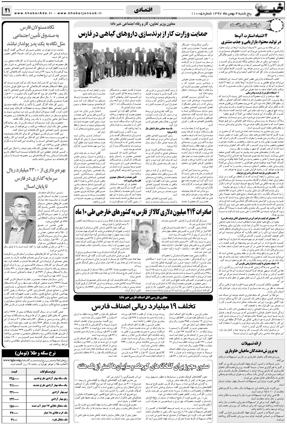 مشاهده صفحه ۲۱ روزنامه خبرجنوب تاریخ ۴ بهمن سال ۱۳۹۷