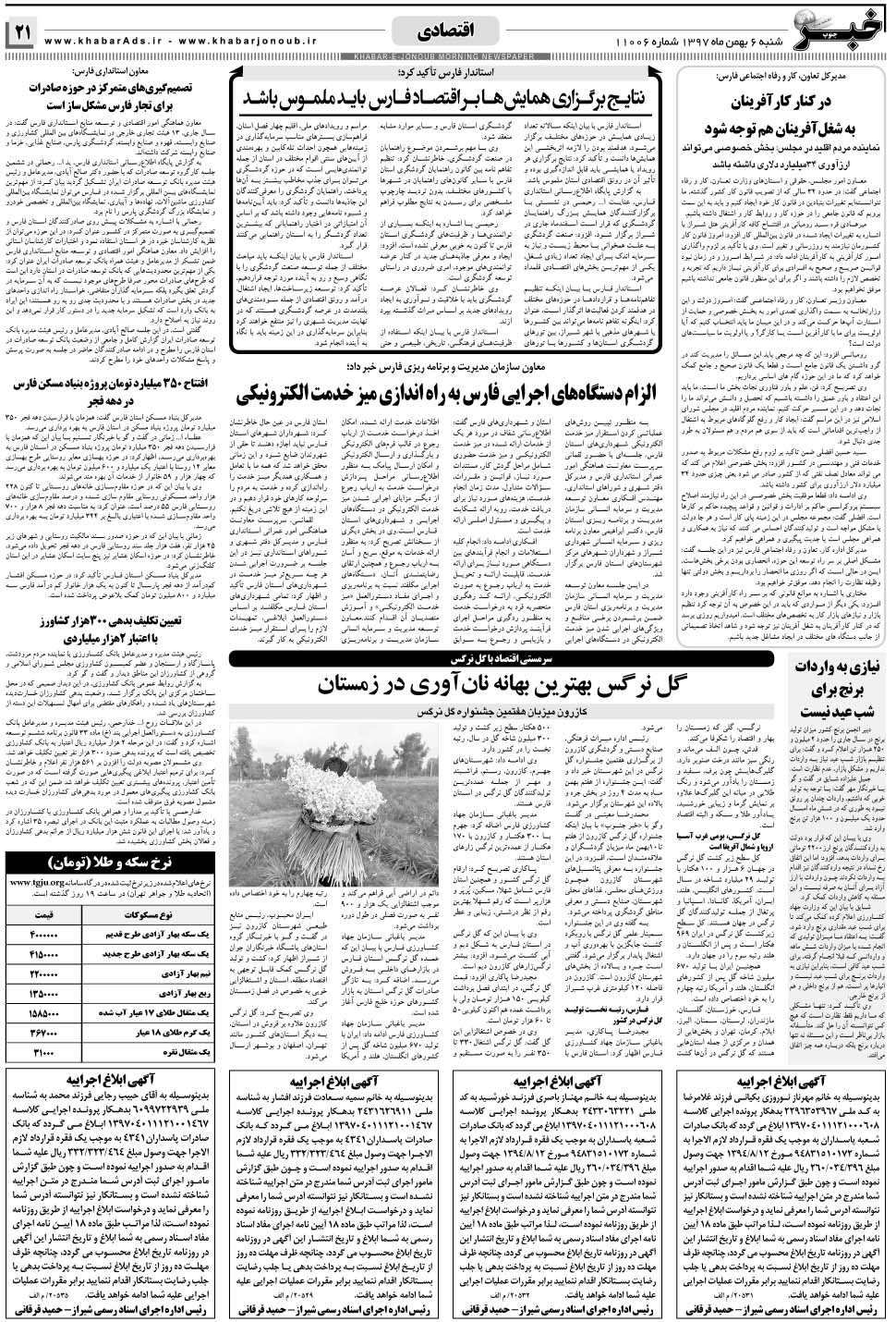 مشاهده صفحه ۲۱ روزنامه خبرجنوب تاریخ ۶ بهمن سال ۱۳۹۷