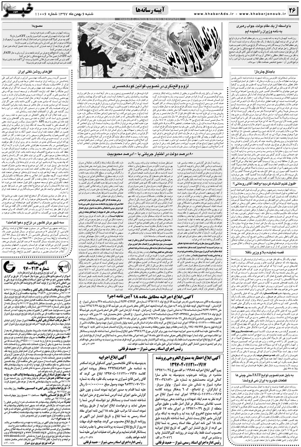 مشاهده صفحه ۲۶ روزنامه خبرجنوب تاریخ ۶ بهمن سال ۱۳۹۷