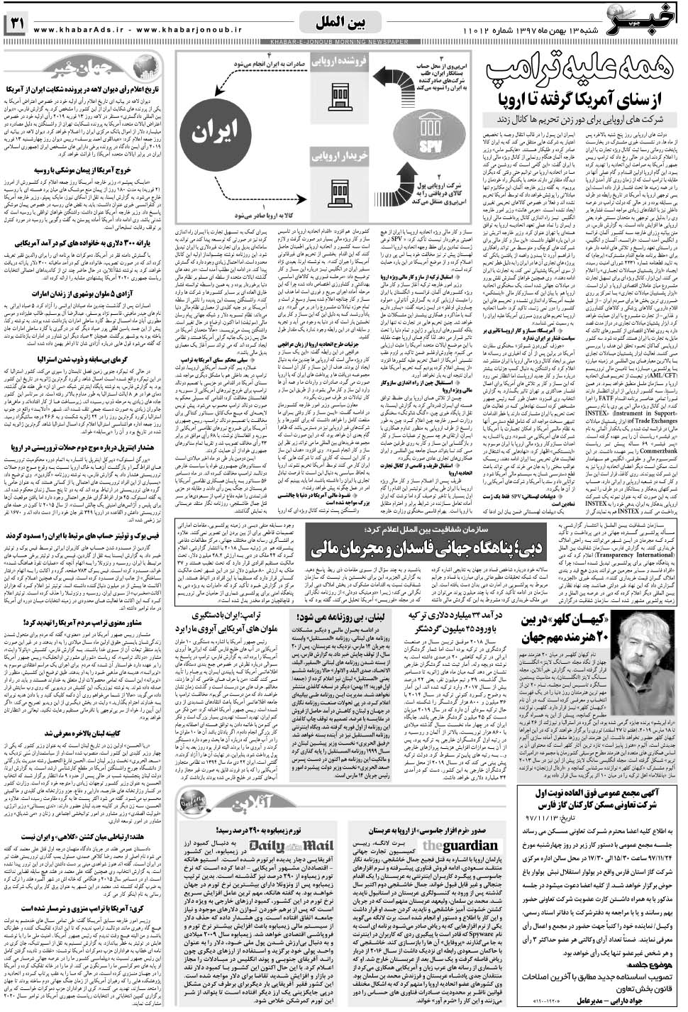 مشاهده صفحه ۳۱ روزنامه خبرجنوب تاریخ ۱۳ بهمن سال ۱۳۹۷