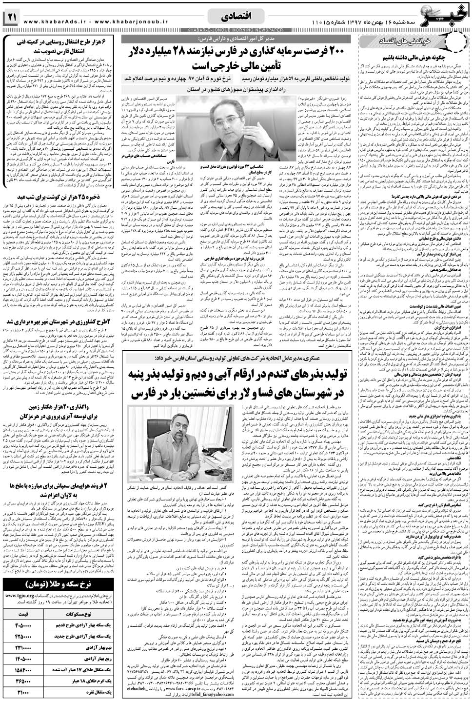 مشاهده صفحه ۲۱ روزنامه خبرجنوب تاریخ ۱۶ بهمن سال ۱۳۹۷