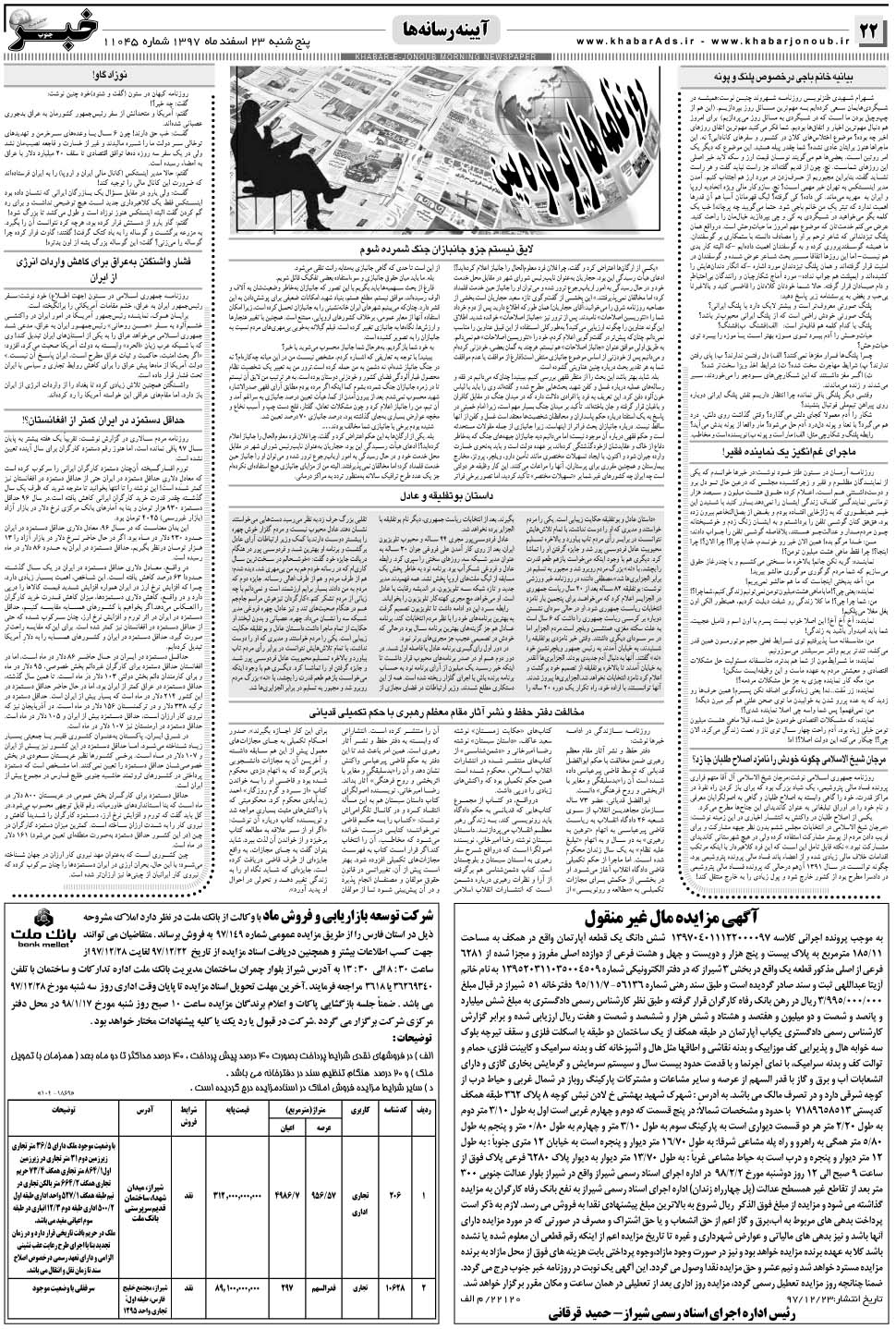 مشاهده صفحه ۲۲ روزنامه خبرجنوب تاریخ ۲۳ اسفند سال ۱۳۹۷