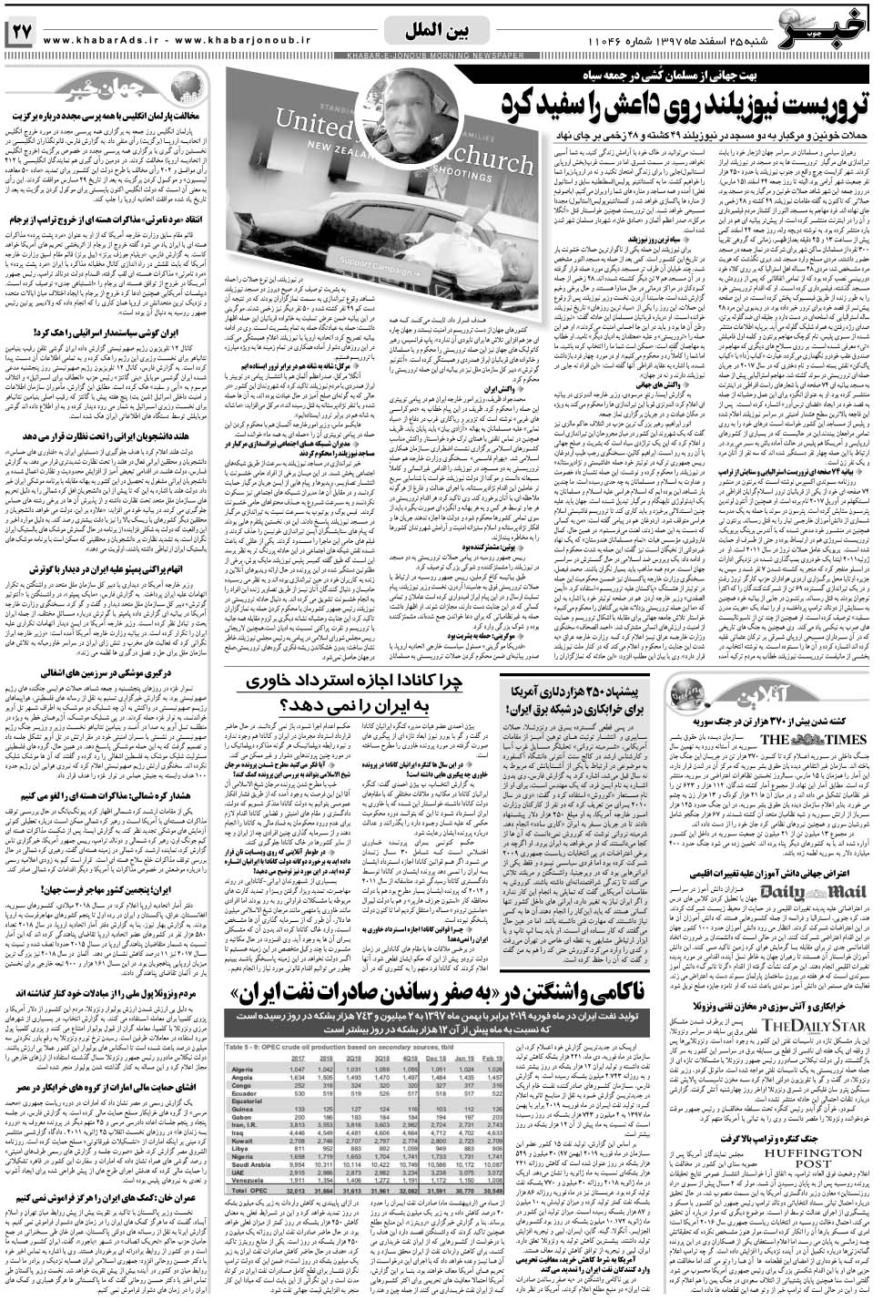 مشاهده صفحه ۲۷ روزنامه خبرجنوب تاریخ ۲۵ اسفند سال ۱۳۹۷