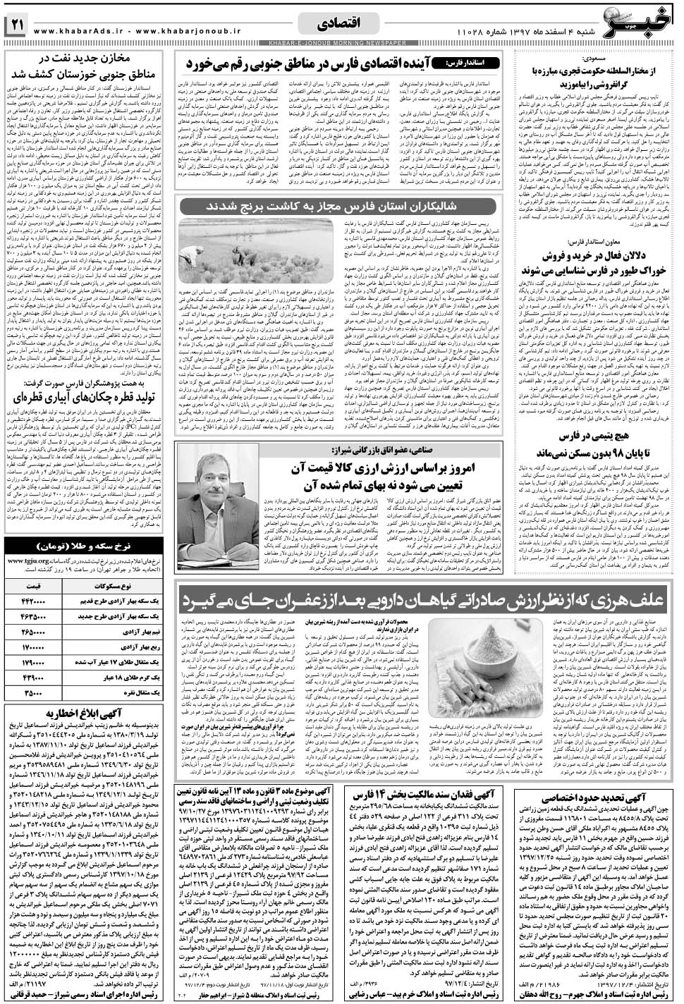 مشاهده صفحه ۲۱ روزنامه خبرجنوب تاریخ ۴ اسفند سال ۱۳۹۷