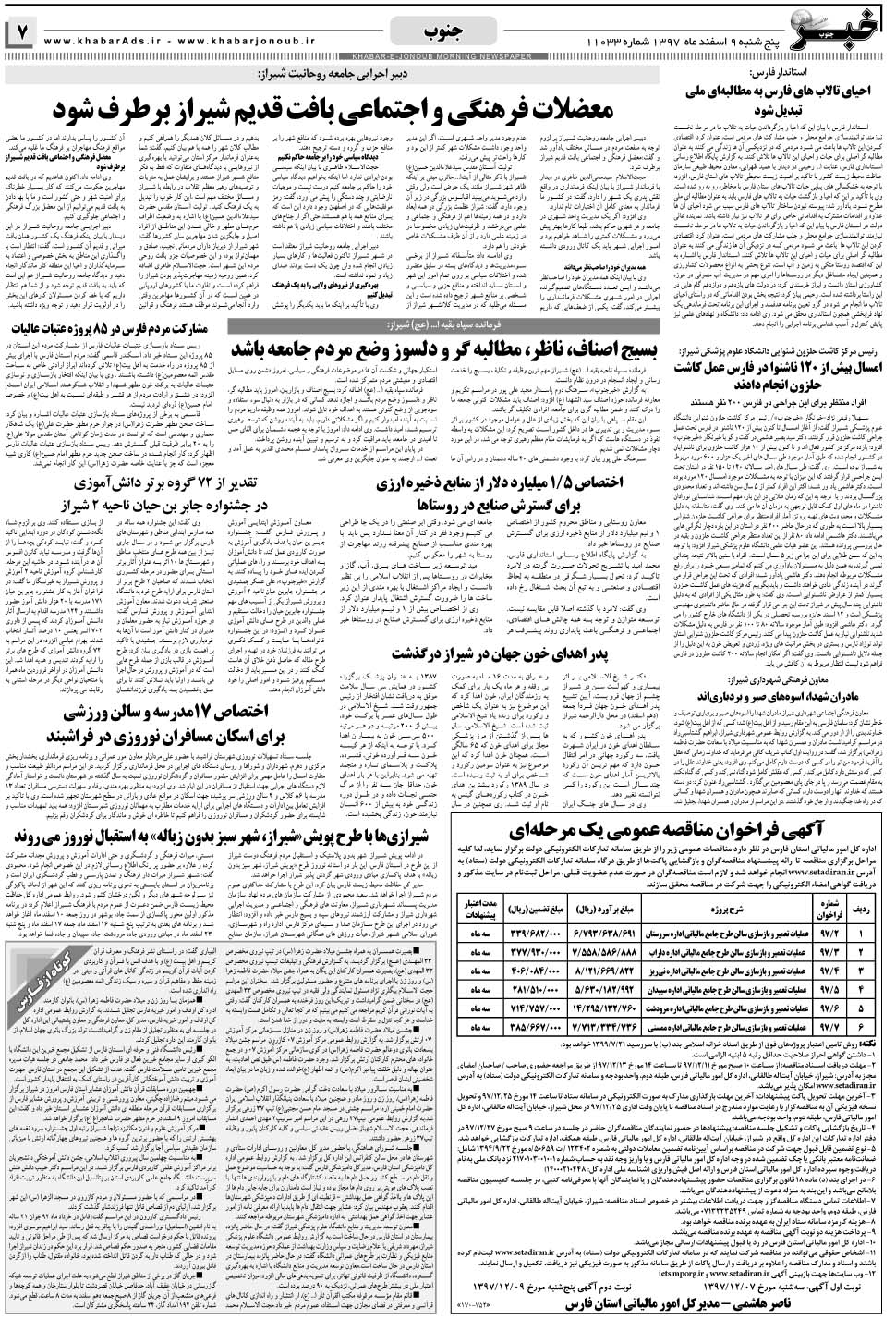 مشاهده صفحه ۷ روزنامه خبرجنوب تاریخ ۹ اسفند سال ۱۳۹۷