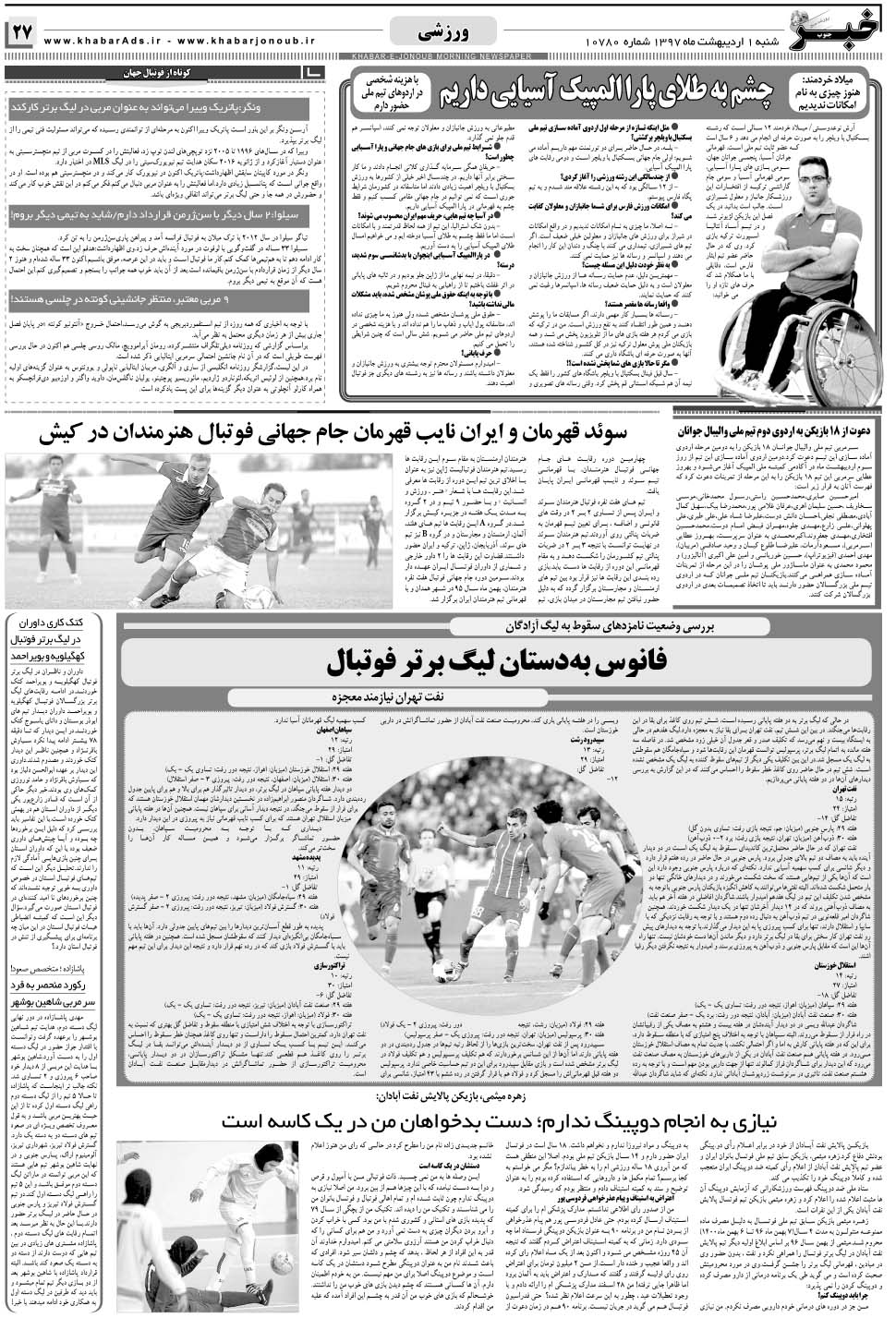 مشاهده صفحه ۲۷ روزنامه خبرجنوب تاریخ ۱  سال ۱۳۹۷