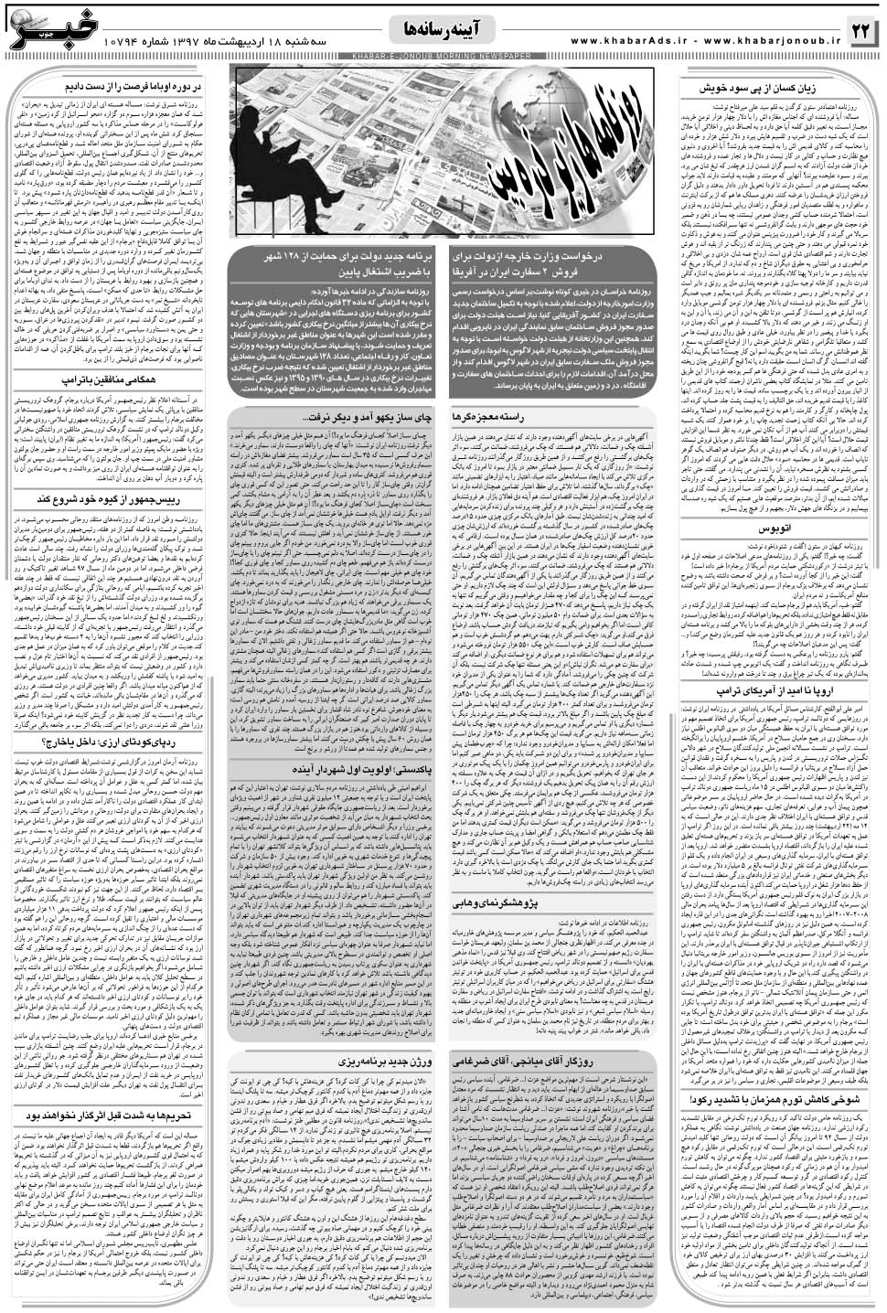 مشاهده صفحه ۲۲ روزنامه خبرجنوب تاریخ ۱۸  سال ۱۳۹۷