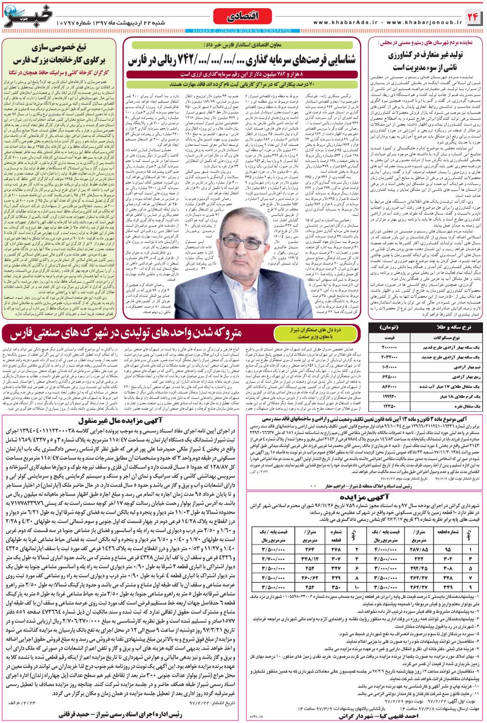مشاهده صفحه ۲۴ روزنامه خبرجنوب تاریخ ۲۲  سال ۱۳۹۷