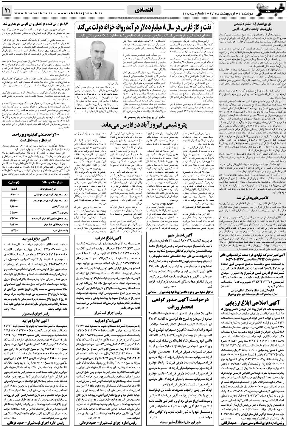 مشاهده صفحه ۲۱ روزنامه خبرجنوب تاریخ ۳۱  سال ۱۳۹۷