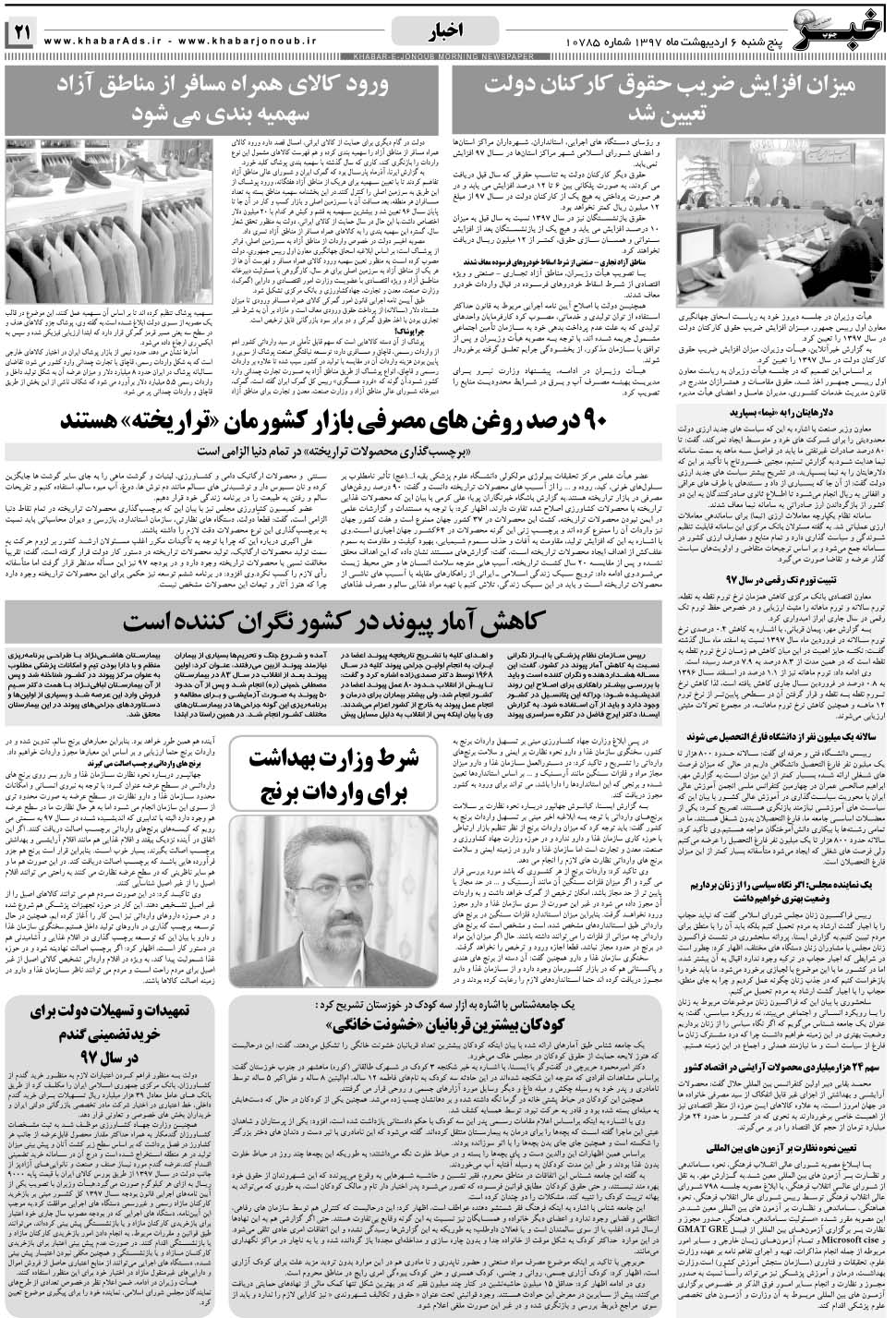 مشاهده صفحه ۲۱ روزنامه خبرجنوب تاریخ ۶  سال ۱۳۹۷