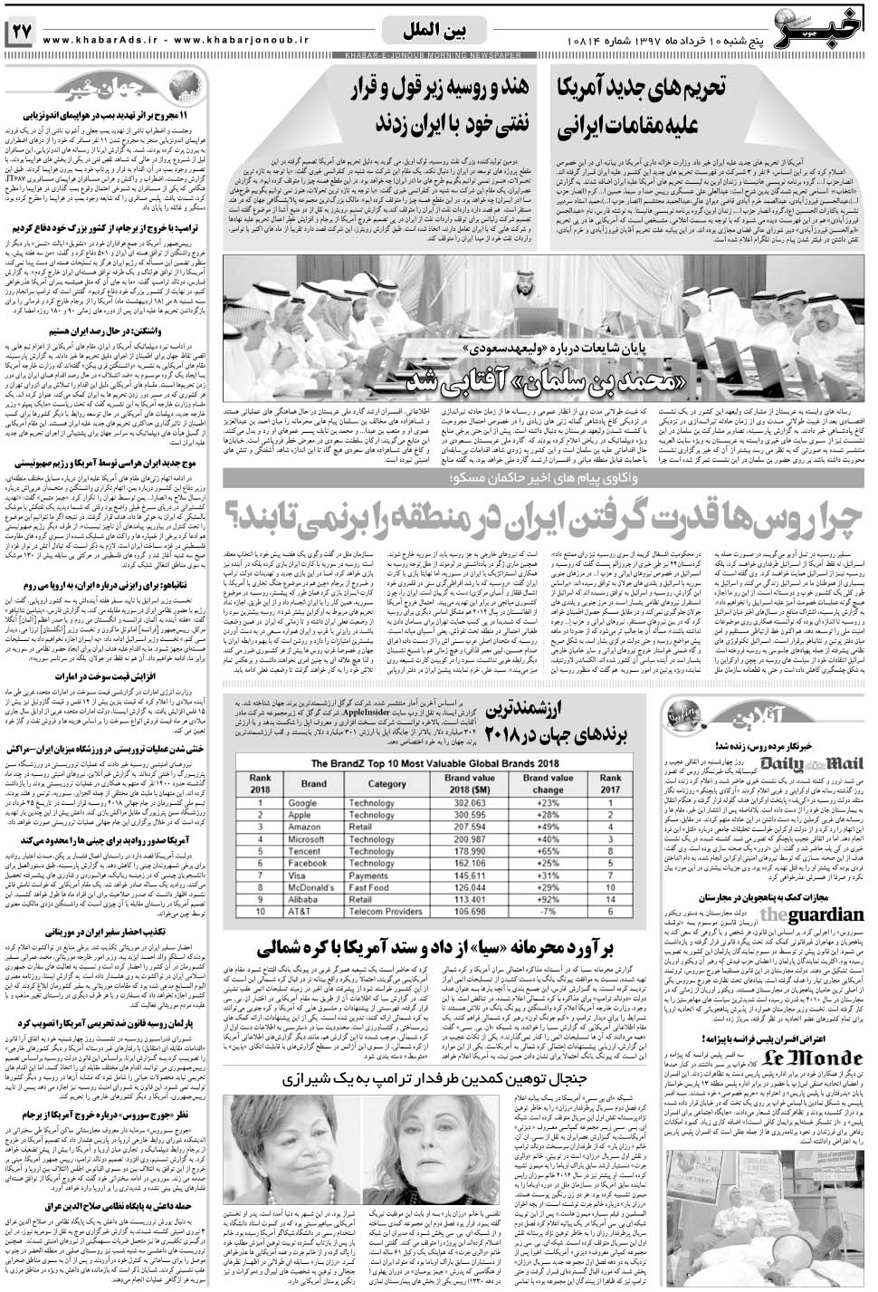 مشاهده صفحه ۲۷ روزنامه خبرجنوب تاریخ ۱۰  سال ۱۳۹۷