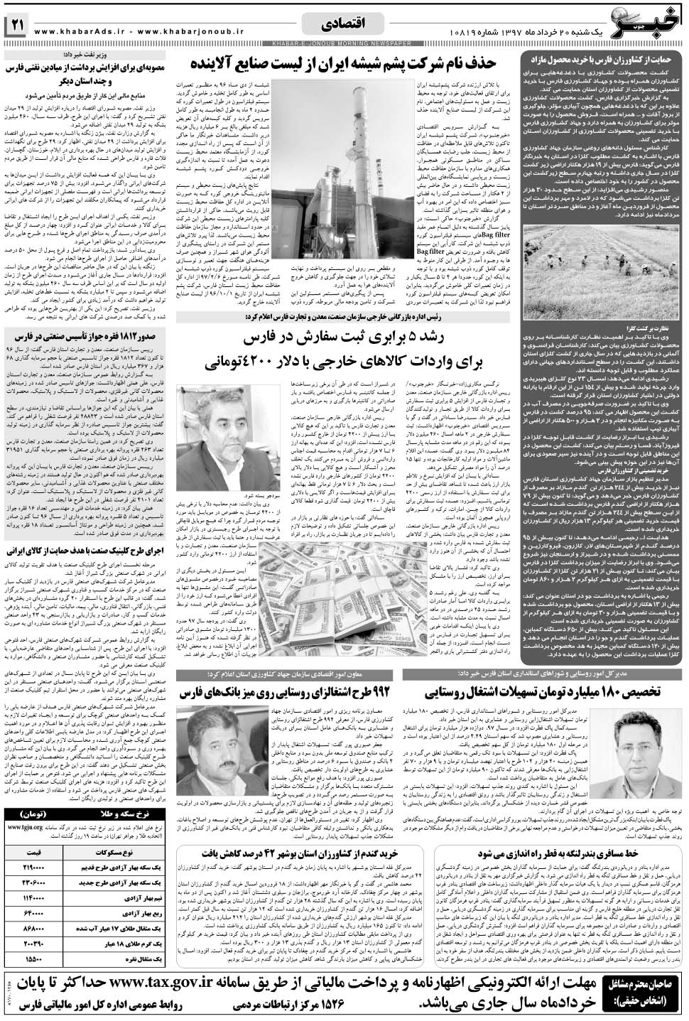 مشاهده صفحه ۲۱ روزنامه خبرجنوب تاریخ ۲۰  سال ۱۳۹۷
