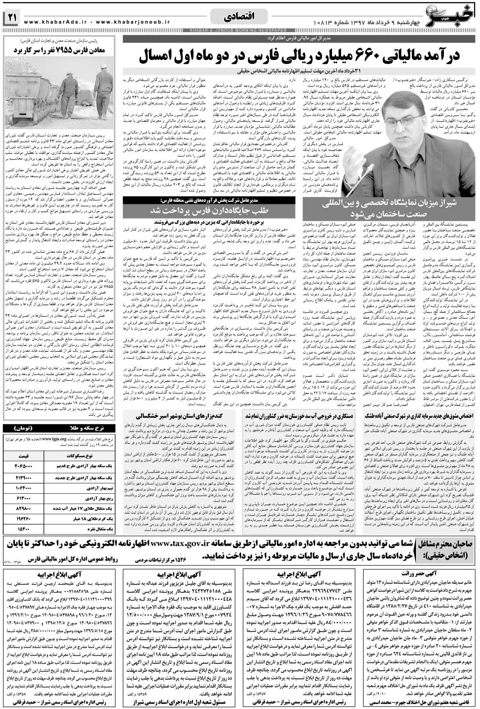 مشاهده صفحه ۲۱ روزنامه خبرجنوب تاریخ ۹  سال ۱۳۹۷