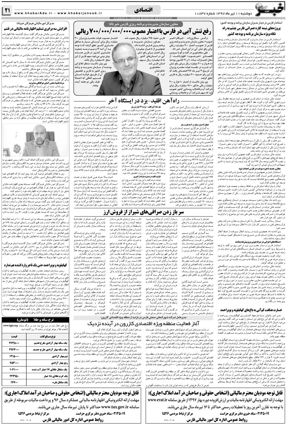 مشاهده صفحه ۲۱ روزنامه خبرجنوب تاریخ ۱۱  سال ۱۳۹۷