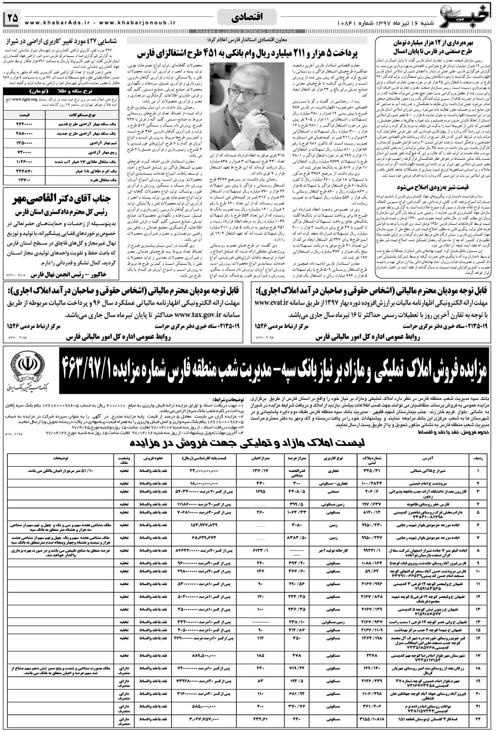 مشاهده صفحه ۲۵ روزنامه خبرجنوب تاریخ ۱۶  سال ۱۳۹۷