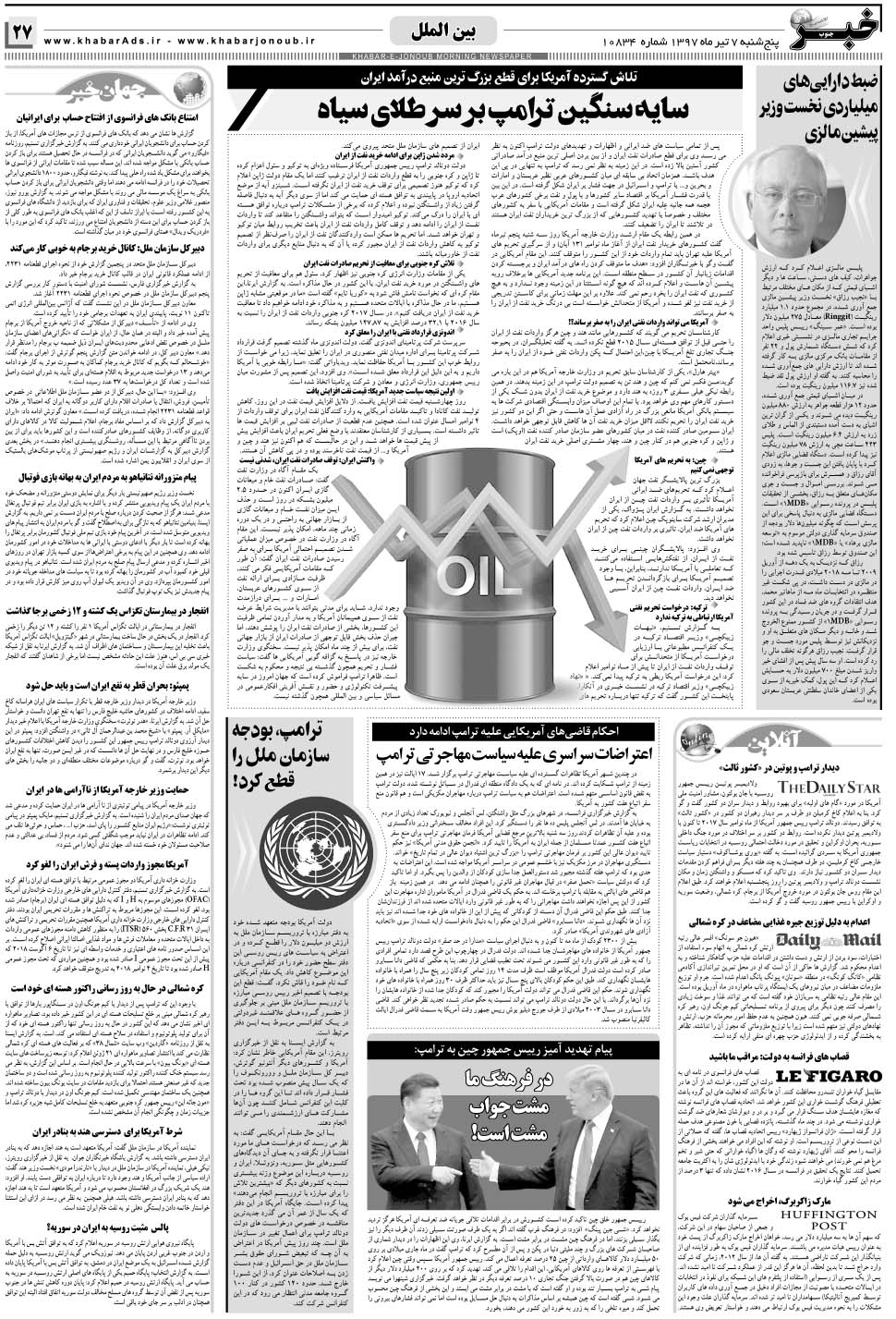 مشاهده صفحه ۲۷ روزنامه خبرجنوب تاریخ ۷  سال ۱۳۹۷