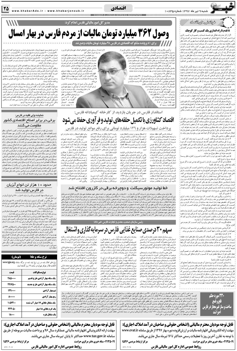 مشاهده صفحه ۲۵ روزنامه خبرجنوب تاریخ ۹  سال ۱۳۹۷