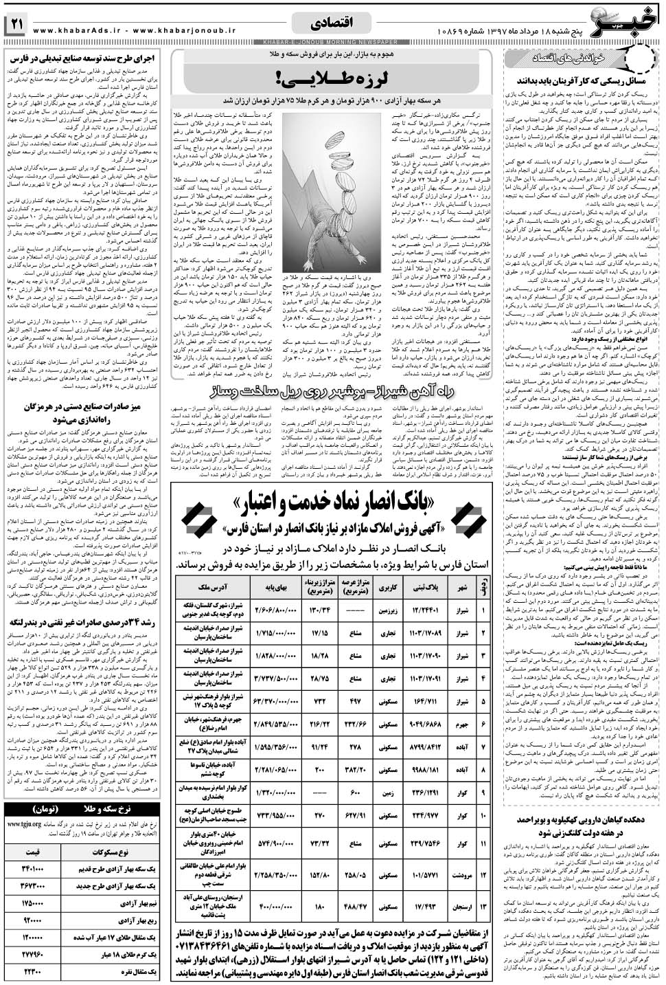 مشاهده صفحه ۲۱ روزنامه خبرجنوب تاریخ ۱۸  سال ۱۳۹۷