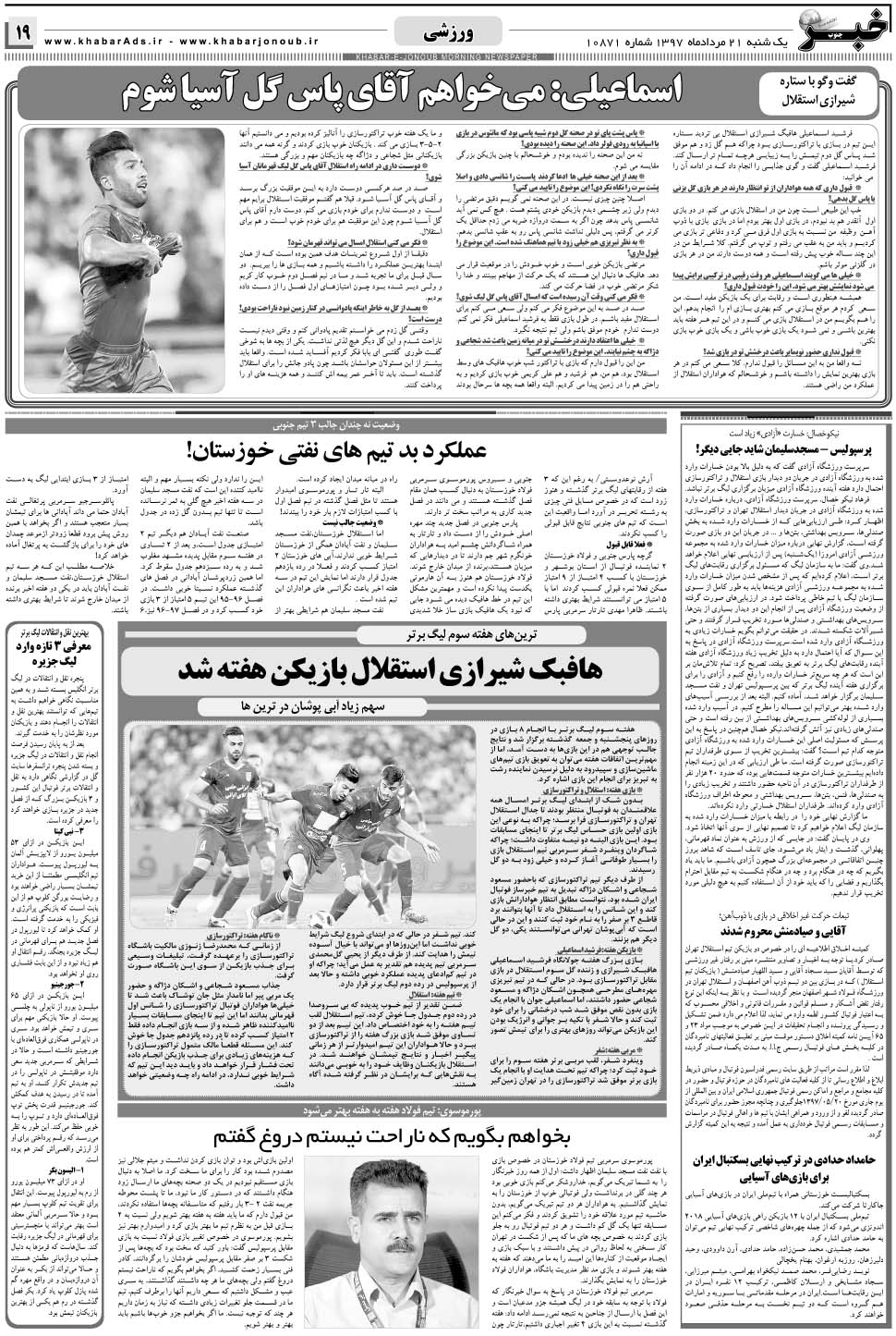 مشاهده صفحه ۱۹ روزنامه خبرجنوب تاریخ ۲۱  سال ۱۳۹۷