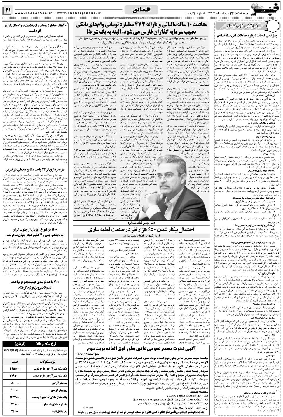 مشاهده صفحه ۲۱ روزنامه خبرجنوب تاریخ ۲۳  سال ۱۳۹۷