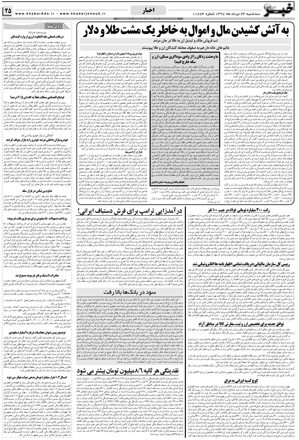 مشاهده صفحه ۲۵ روزنامه خبرجنوب تاریخ ۲۳  سال ۱۳۹۷