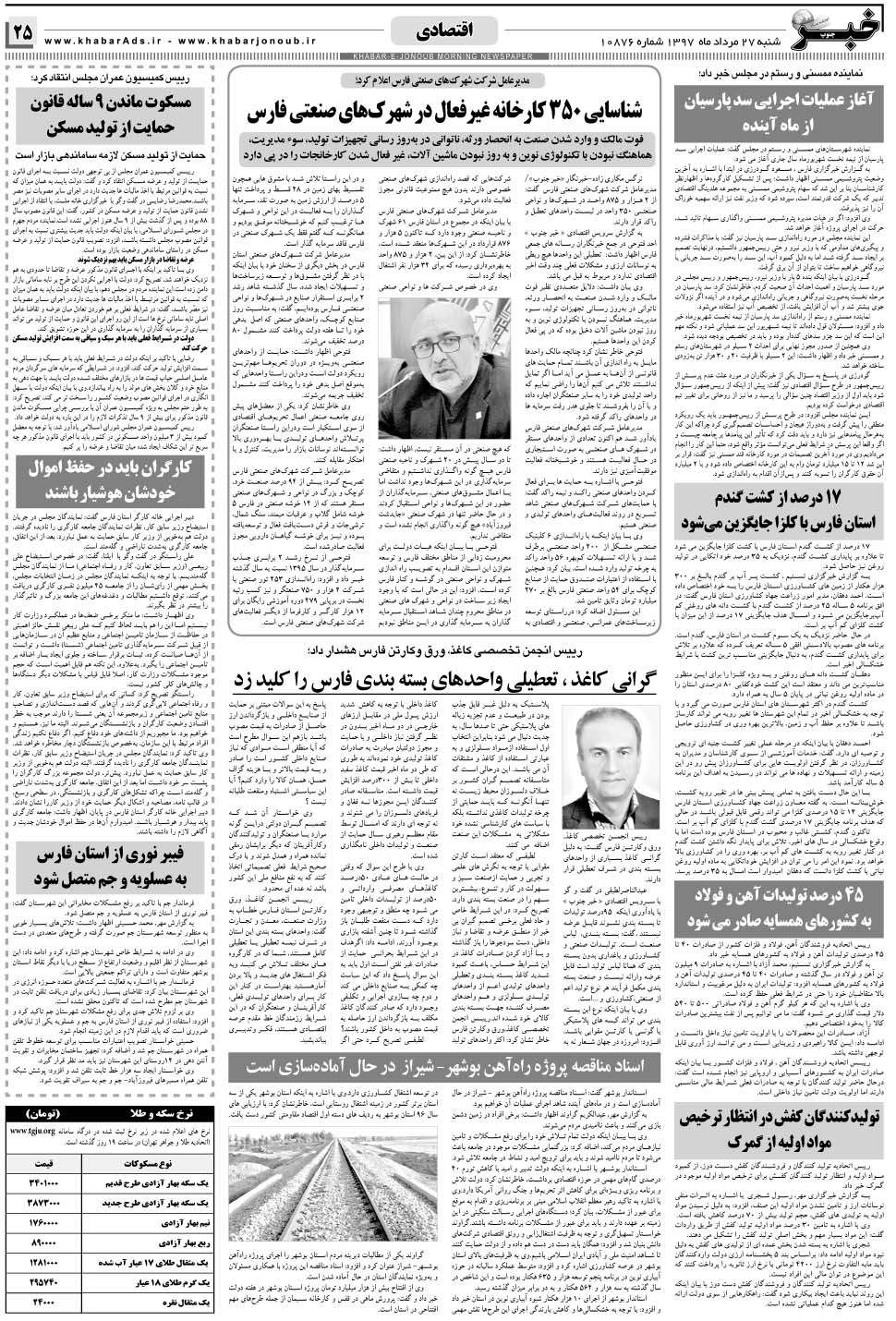 مشاهده صفحه ۲۵ روزنامه خبرجنوب تاریخ ۲۷  سال ۱۳۹۷