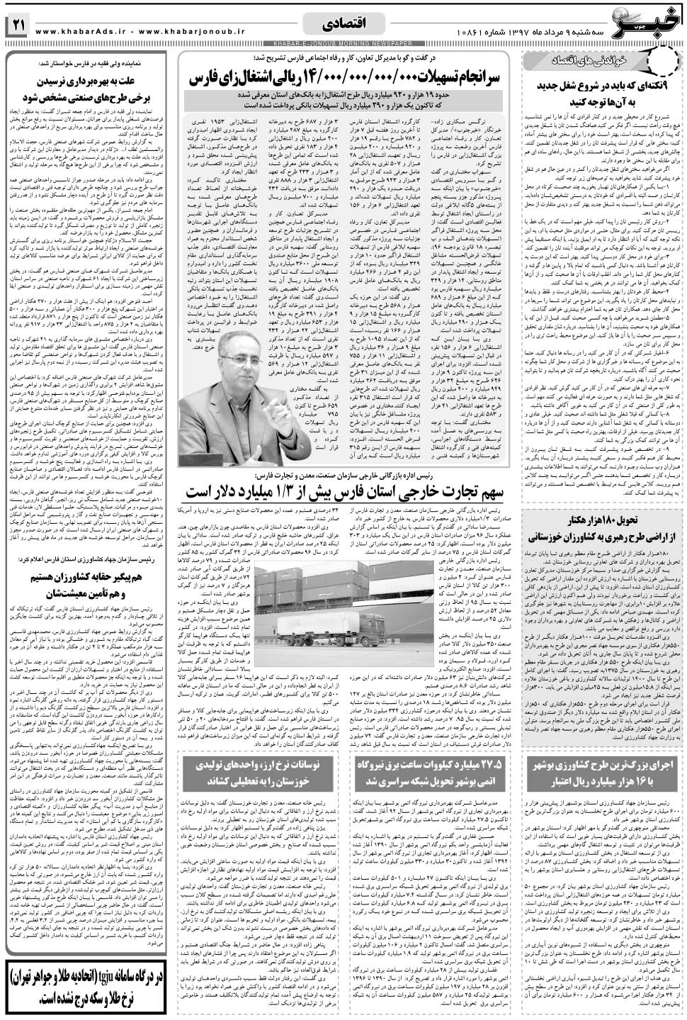 مشاهده صفحه ۲۱ روزنامه خبرجنوب تاریخ ۹  سال ۱۳۹۷