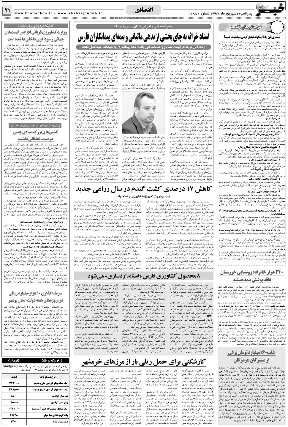 مشاهده صفحه ۲۱ روزنامه خبرجنوب تاریخ ۱  سال ۱۳۹۷