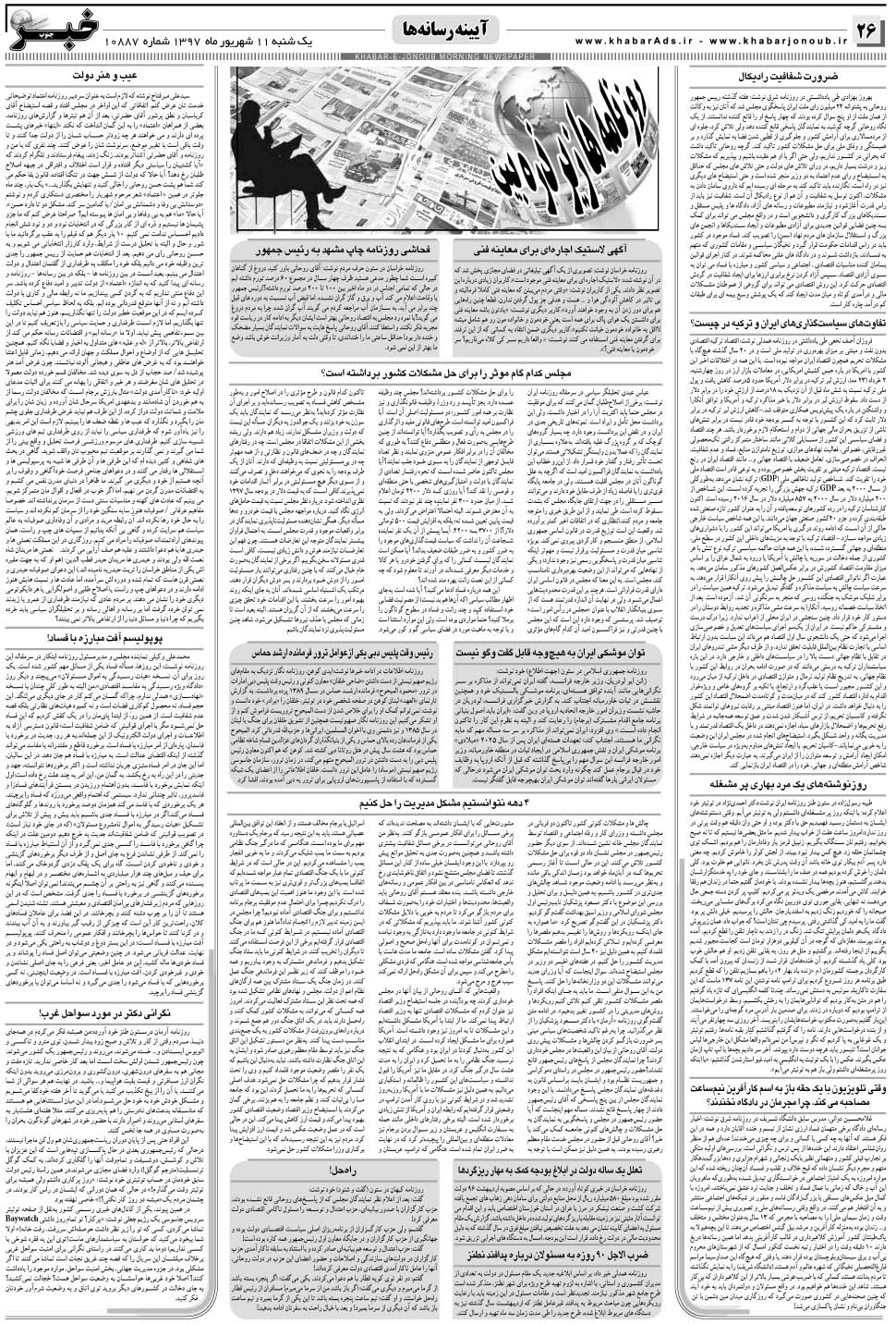 مشاهده صفحه ۲۶ روزنامه خبرجنوب تاریخ ۱۱  سال ۱۳۹۷