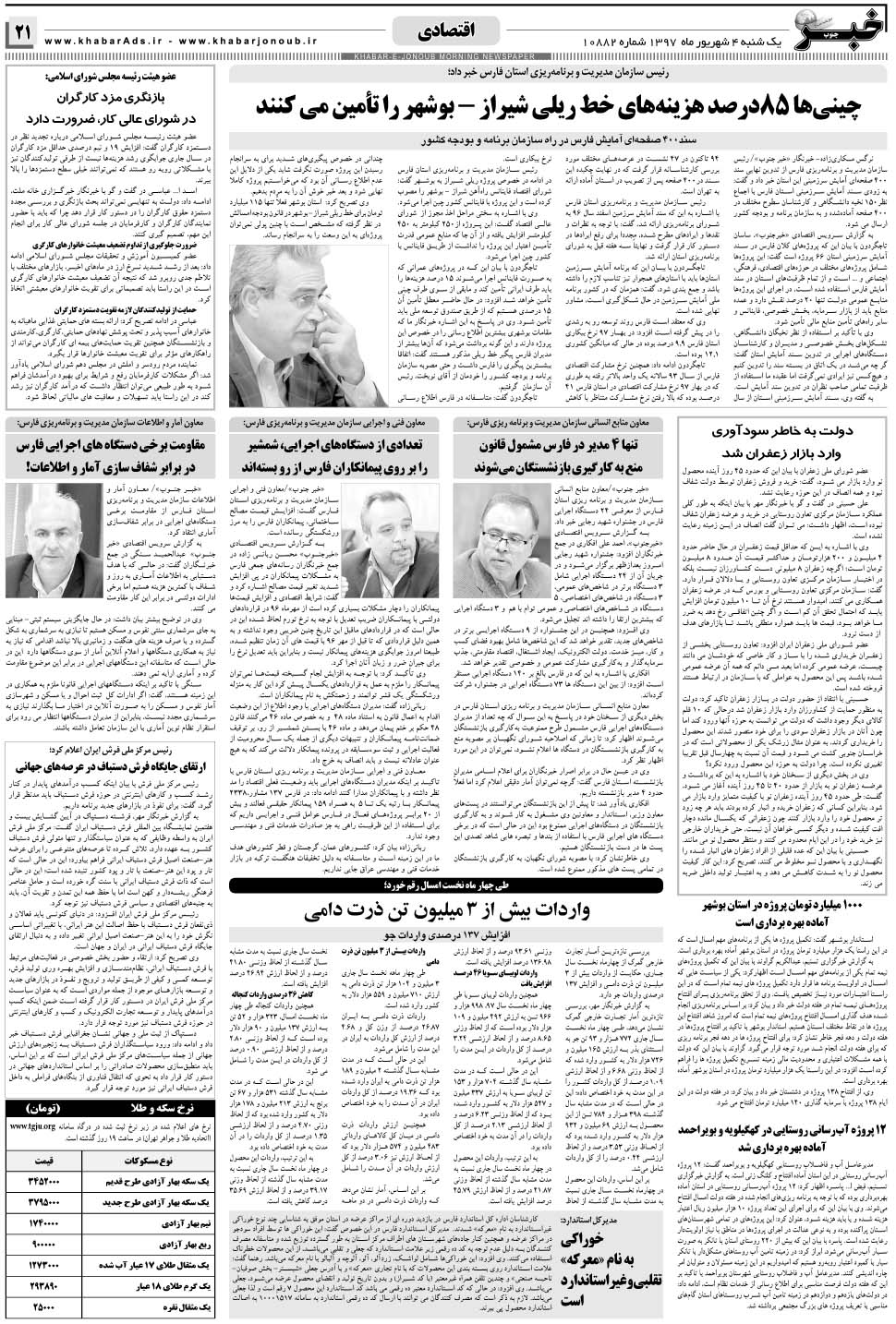 مشاهده صفحه ۲۱ روزنامه خبرجنوب تاریخ ۴  سال ۱۳۹۷