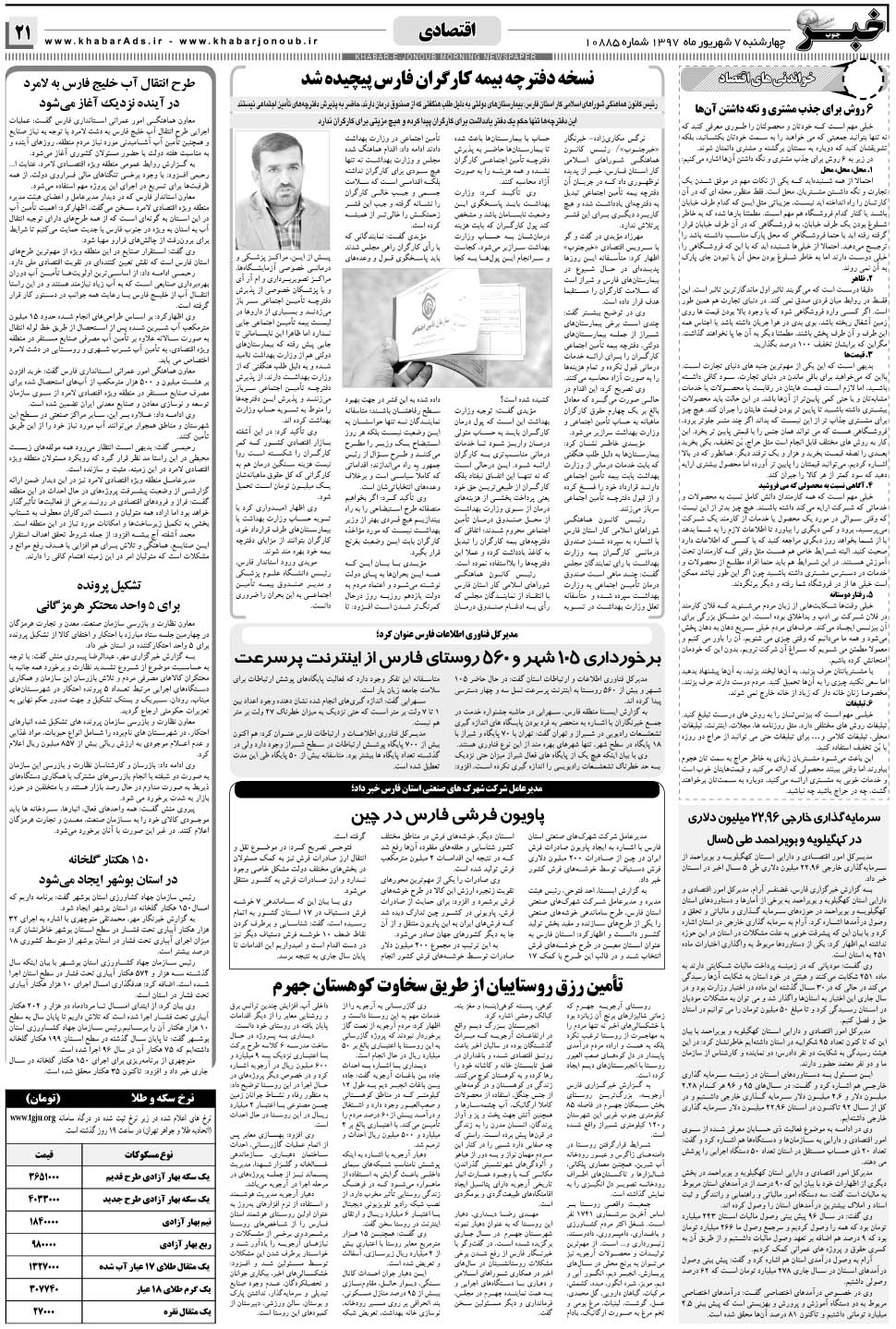 مشاهده صفحه ۲۱ روزنامه خبرجنوب تاریخ ۷  سال ۱۳۹۷
