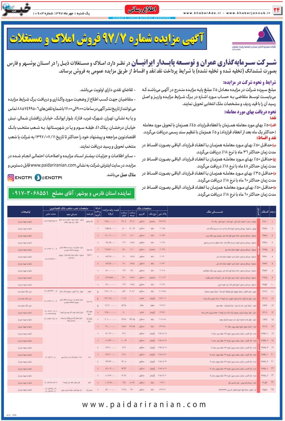 مشاهده صفحه ۲۴ روزنامه خبرجنوب تاریخ ۱  سال ۱۳۹۷