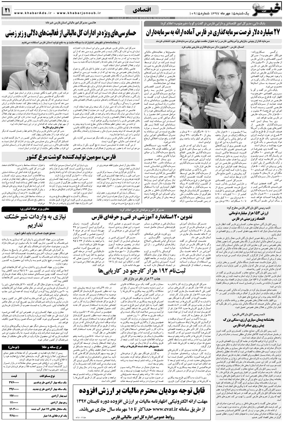 مشاهده صفحه ۲۱ روزنامه خبرجنوب تاریخ ۱۵  سال ۱۳۹۷