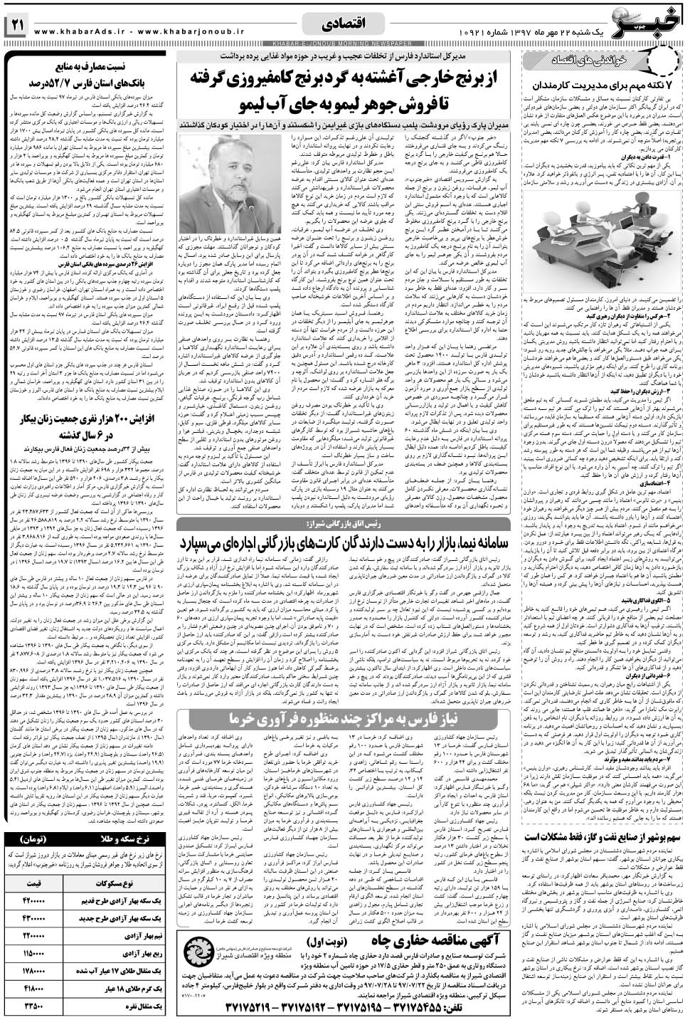 مشاهده صفحه ۲۱ روزنامه خبرجنوب تاریخ ۲۲  سال ۱۳۹۷