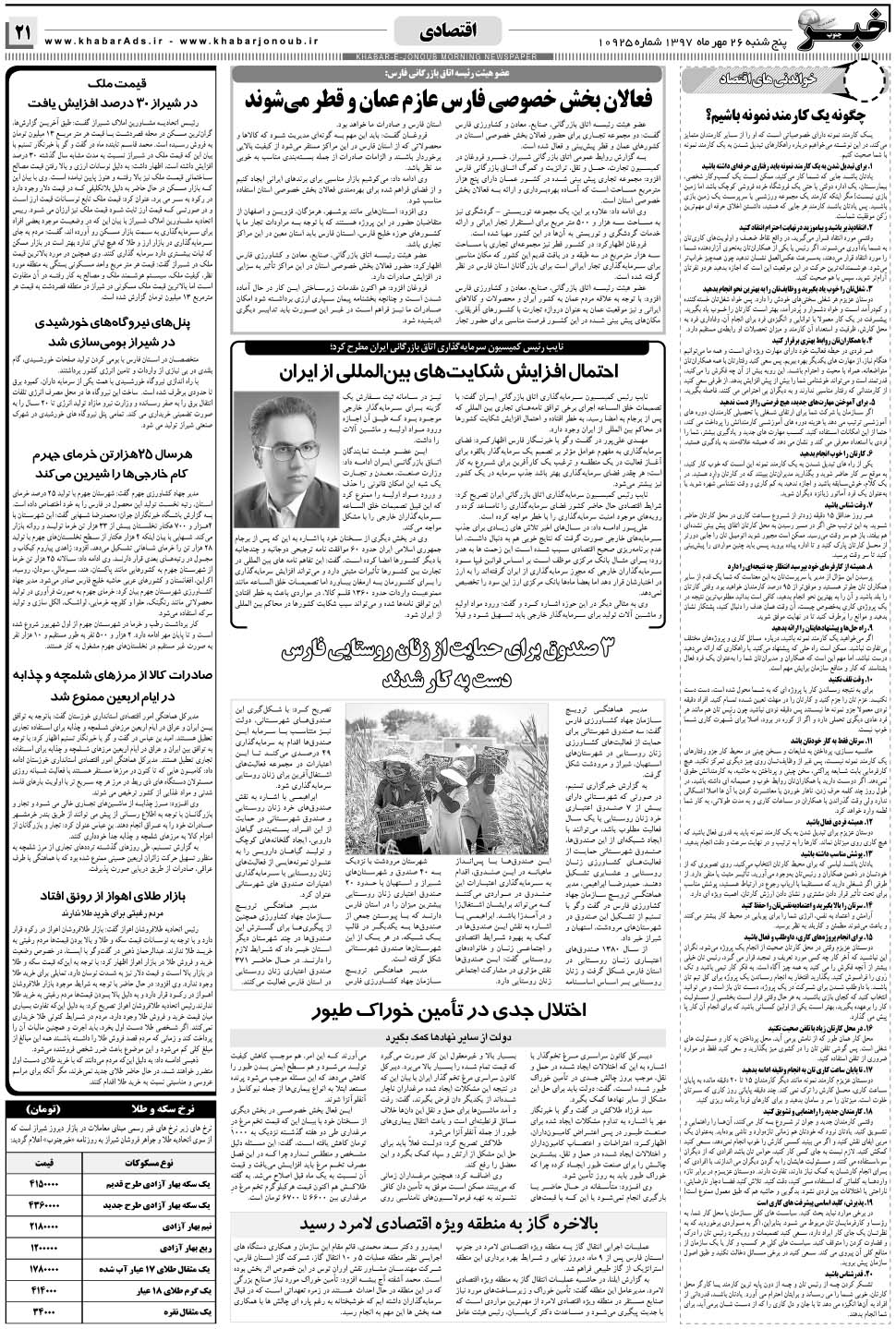 مشاهده صفحه ۲۱ روزنامه خبرجنوب تاریخ ۲۶  سال ۱۳۹۷