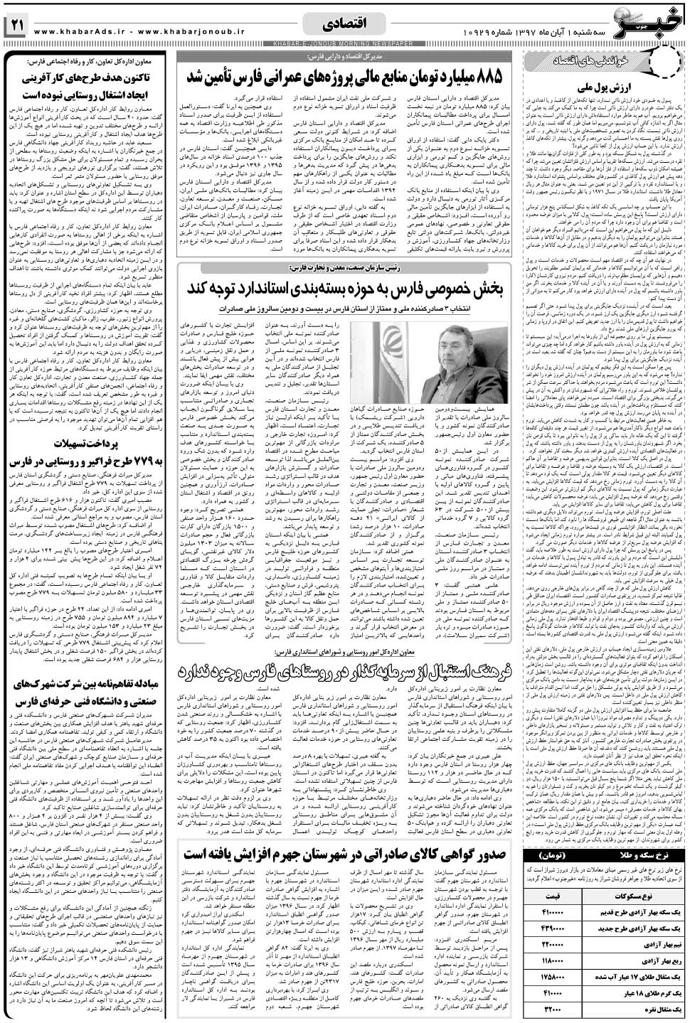 مشاهده صفحه ۲۱ روزنامه خبرجنوب تاریخ ۱  سال ۱۳۹۷