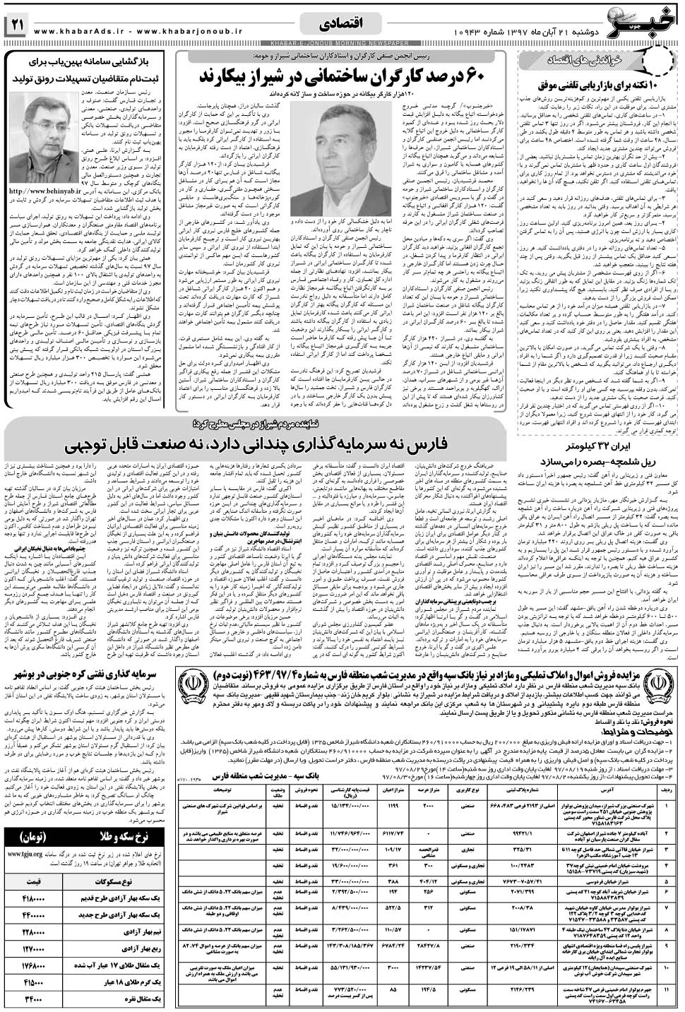 مشاهده صفحه ۲۱ روزنامه خبرجنوب تاریخ ۲۱  سال ۱۳۹۷