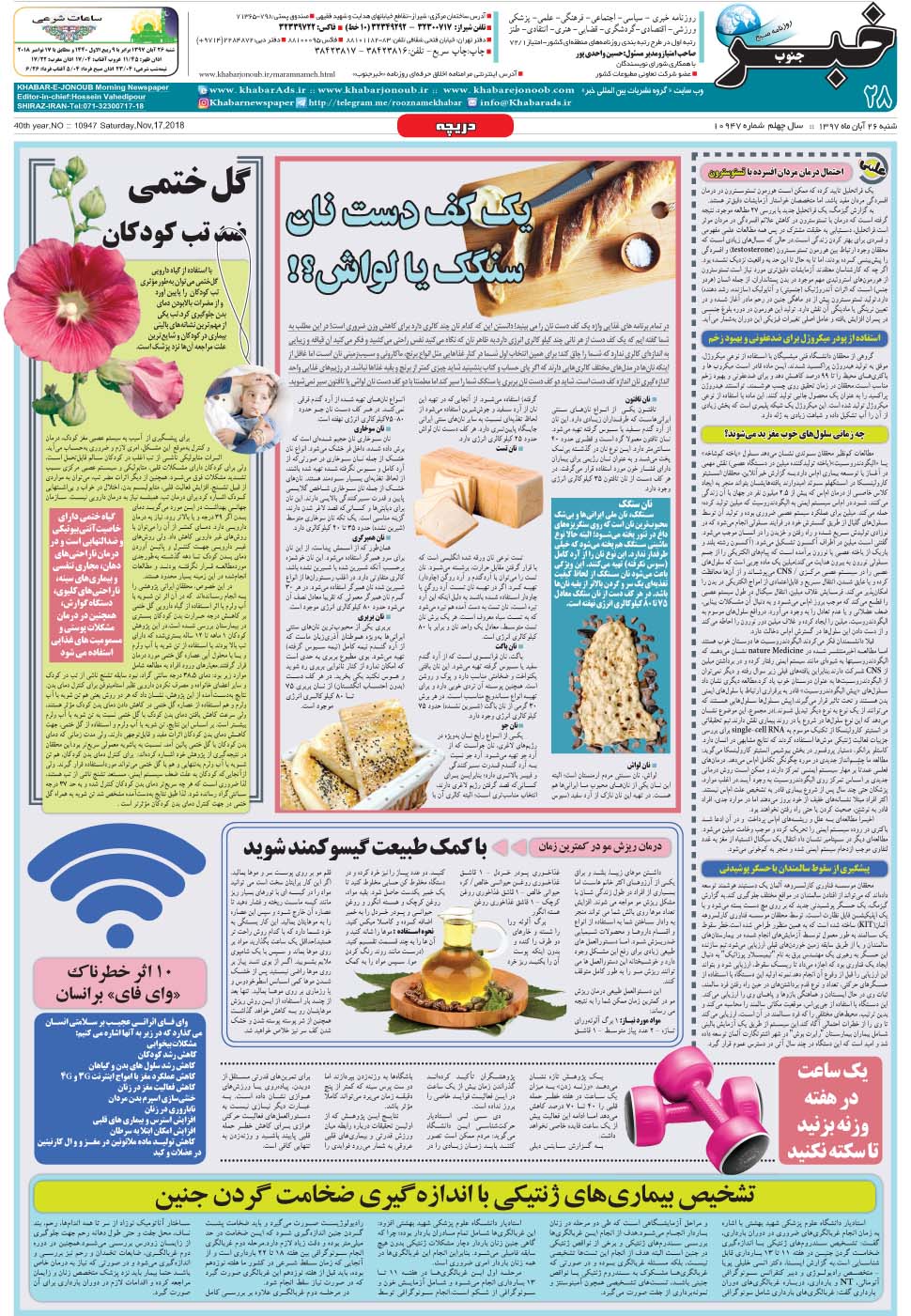 مشاهده صفحه ۲۸ روزنامه خبرجنوب تاریخ ۲۶  سال ۱۳۹۷