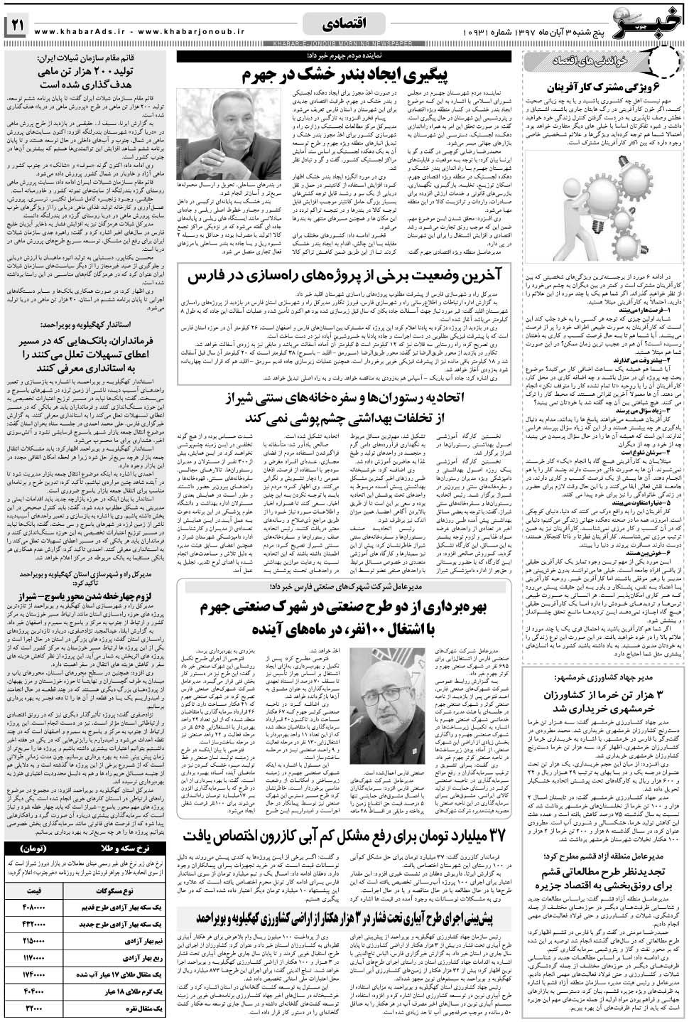 مشاهده صفحه ۲۱ روزنامه خبرجنوب تاریخ ۳  سال ۱۳۹۷