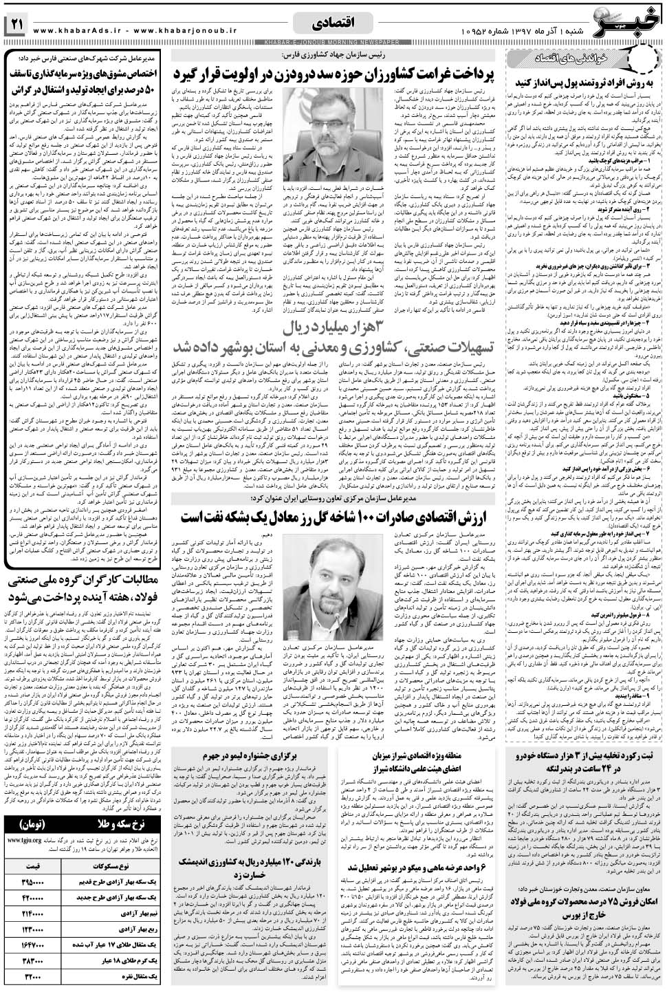 مشاهده صفحه ۲۱ روزنامه خبرجنوب تاریخ ۱  سال ۱۳۹۷
