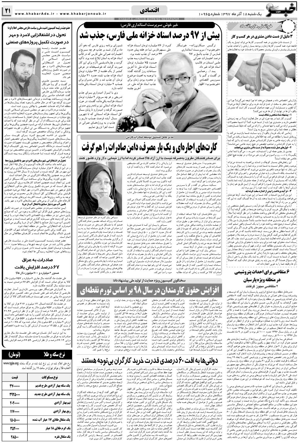 مشاهده صفحه ۲۱ روزنامه خبرجنوب تاریخ ۱۸  سال ۱۳۹۷