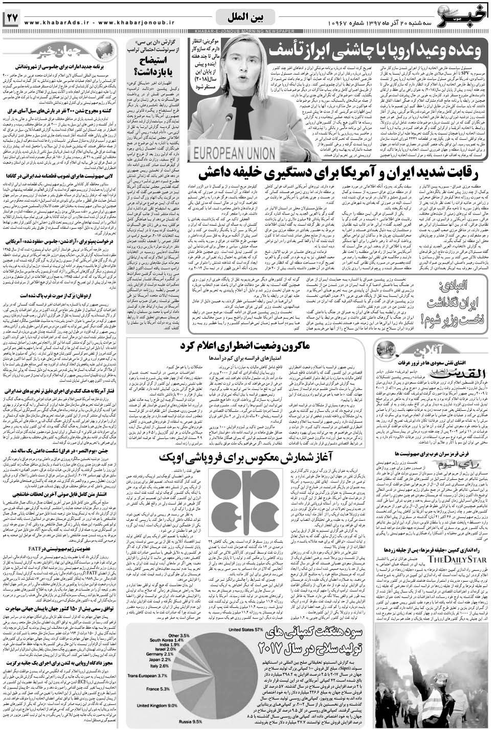 مشاهده صفحه ۲۷ روزنامه خبرجنوب تاریخ ۲۰  سال ۱۳۹۷