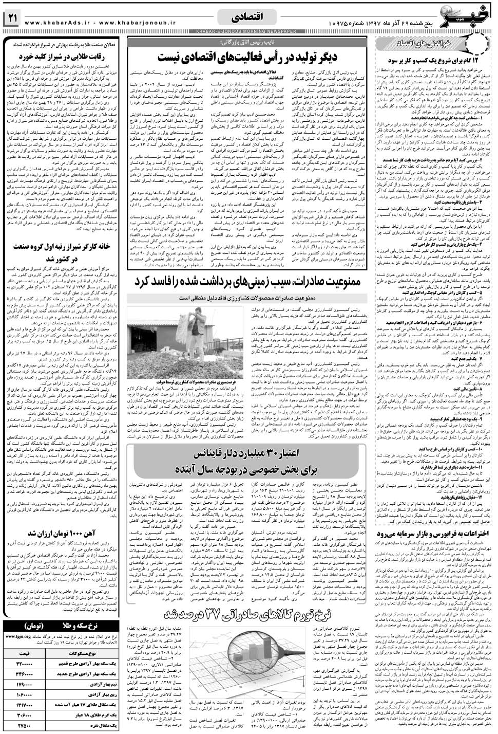 مشاهده صفحه ۲۱ روزنامه خبرجنوب تاریخ ۲۹  سال ۱۳۹۷