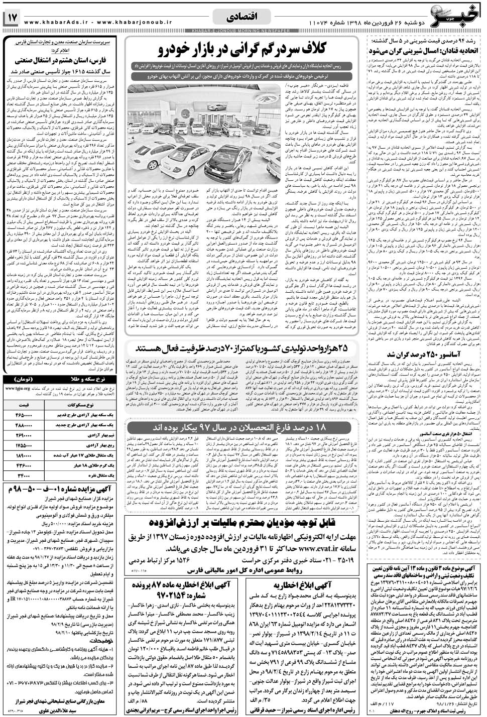 مشاهده صفحه ۱۷ روزنامه خبرجنوب تاریخ ۲۶  سال ۱۳۹۸